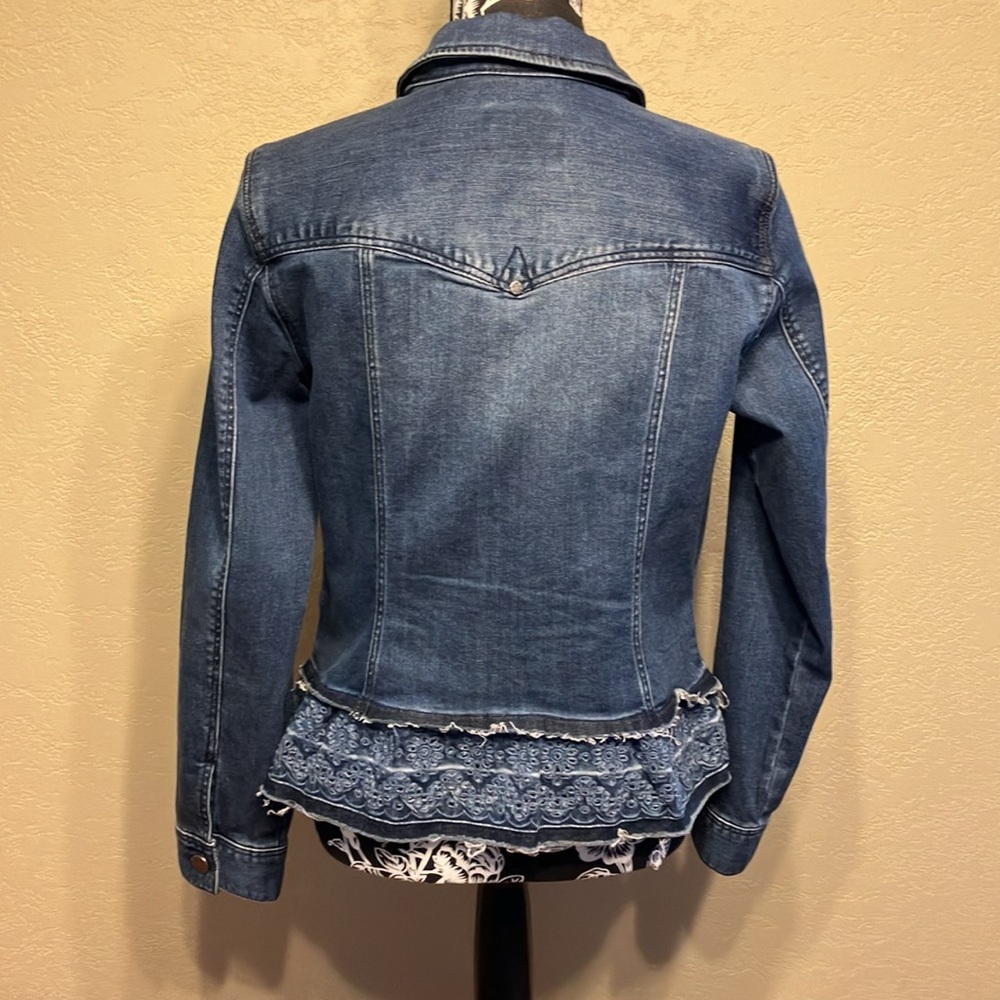 WESTERN WEAR LIVERPOOL BLUE WITH SILVER BUTTON JEAN JACKET WITH CUTWORK BOTTOM - Picture 3 of 9